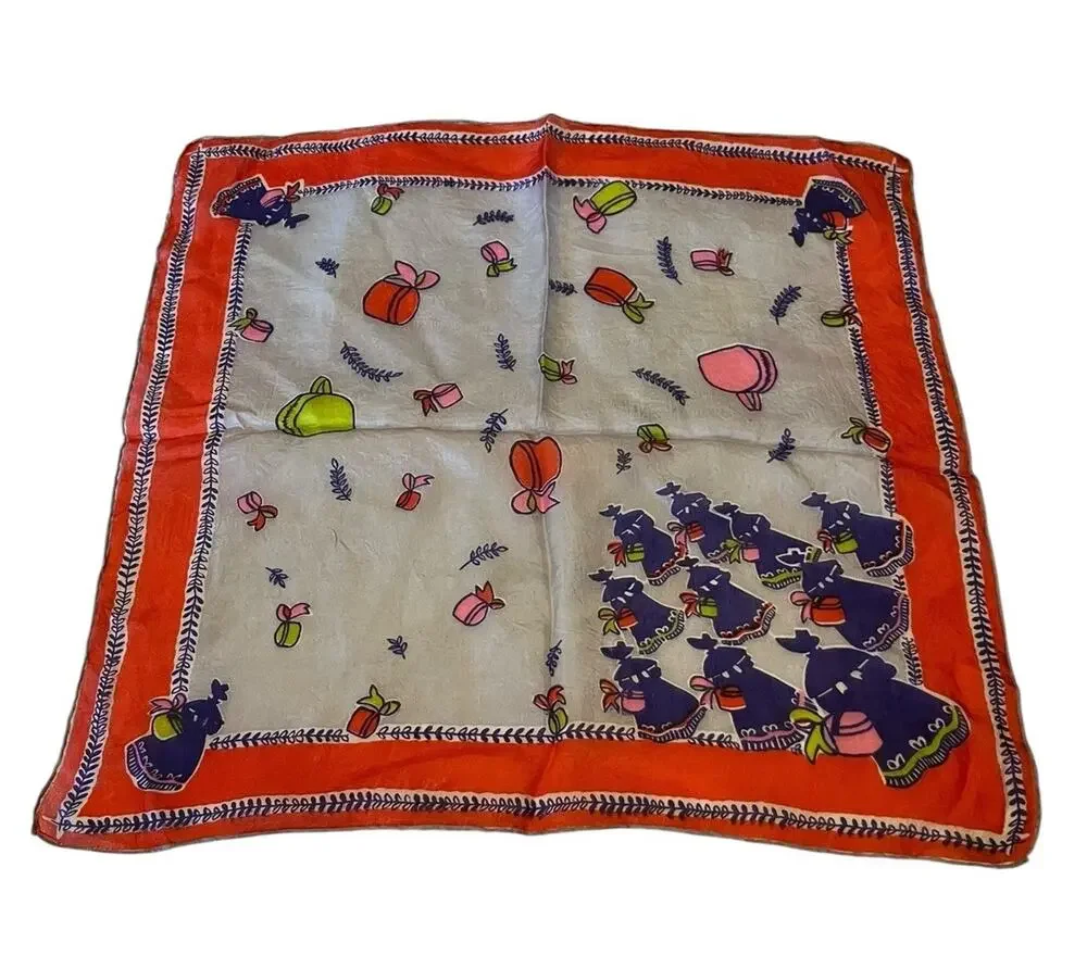Vintage 1960s Silk Scarf Red Ladies With Hat Box 17” Square Semi-transparent
